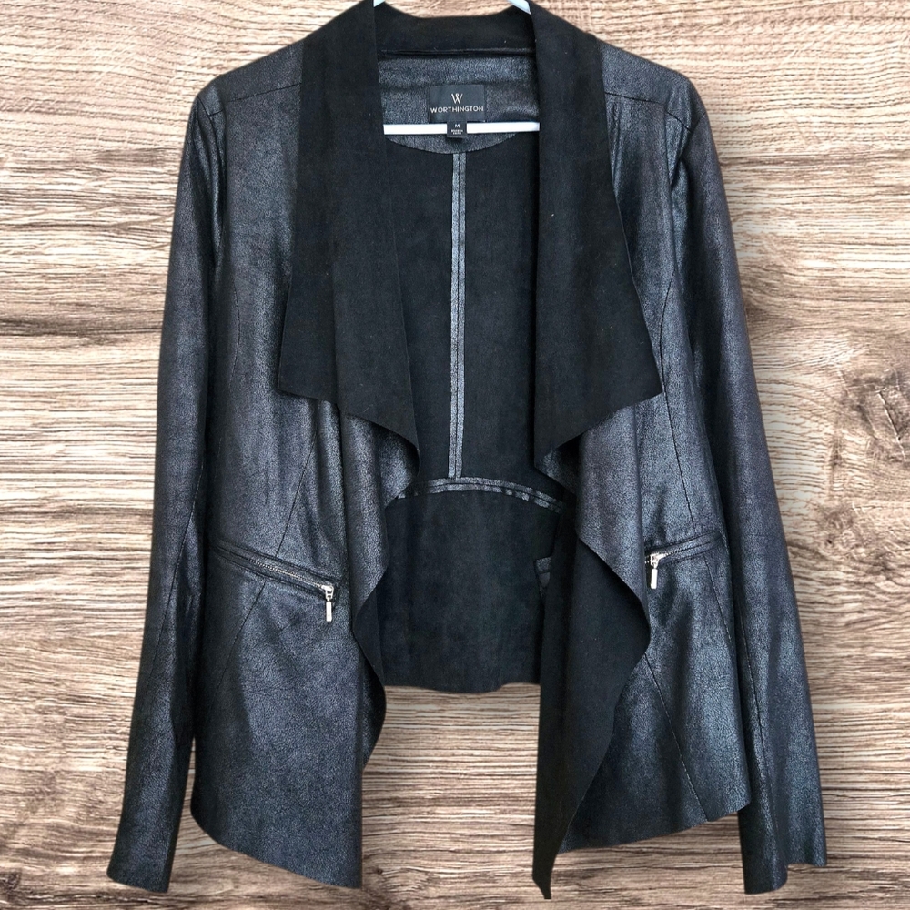 Worthington Open Black Faux Leather Jacket Zip Detail Goth Punk Lightweight /M - Picture 7 of 9